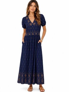 Navy Paisley Print V-Neck Maxi Dress